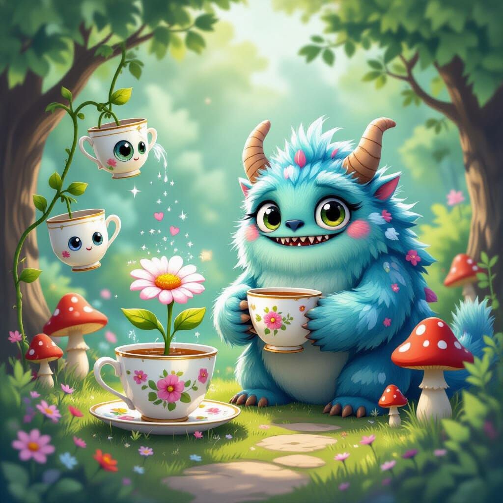 Enchanted Garden with Fluffy Monster and Rainbow Flower