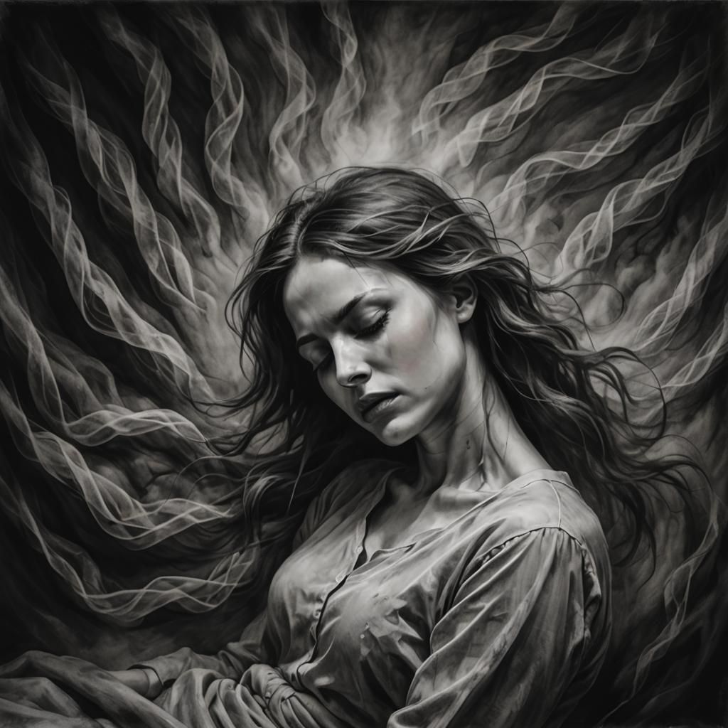 Nightmares Torment a Sleeping Woman: Charcoal Art