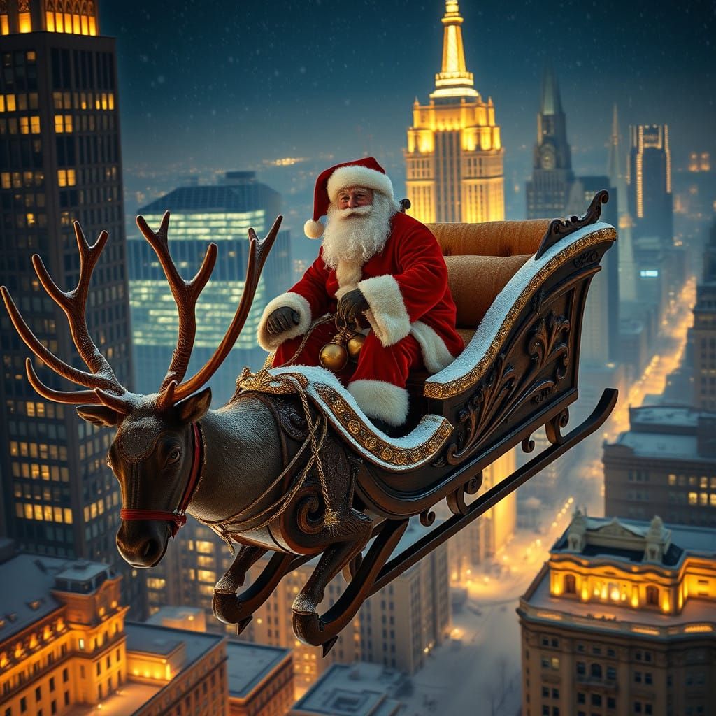 Magical Reindeer Sleigh Flight Through City Winter Wonderlan...