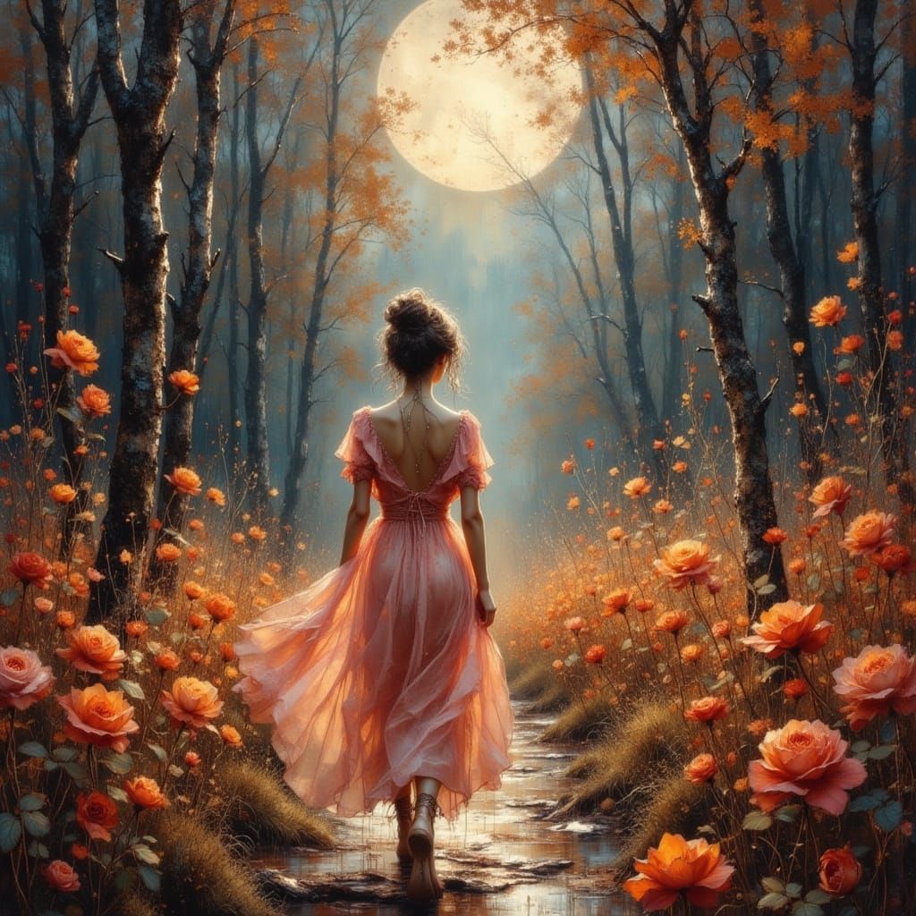 Pale Woman in Rose Garden, Dreamy Art Style