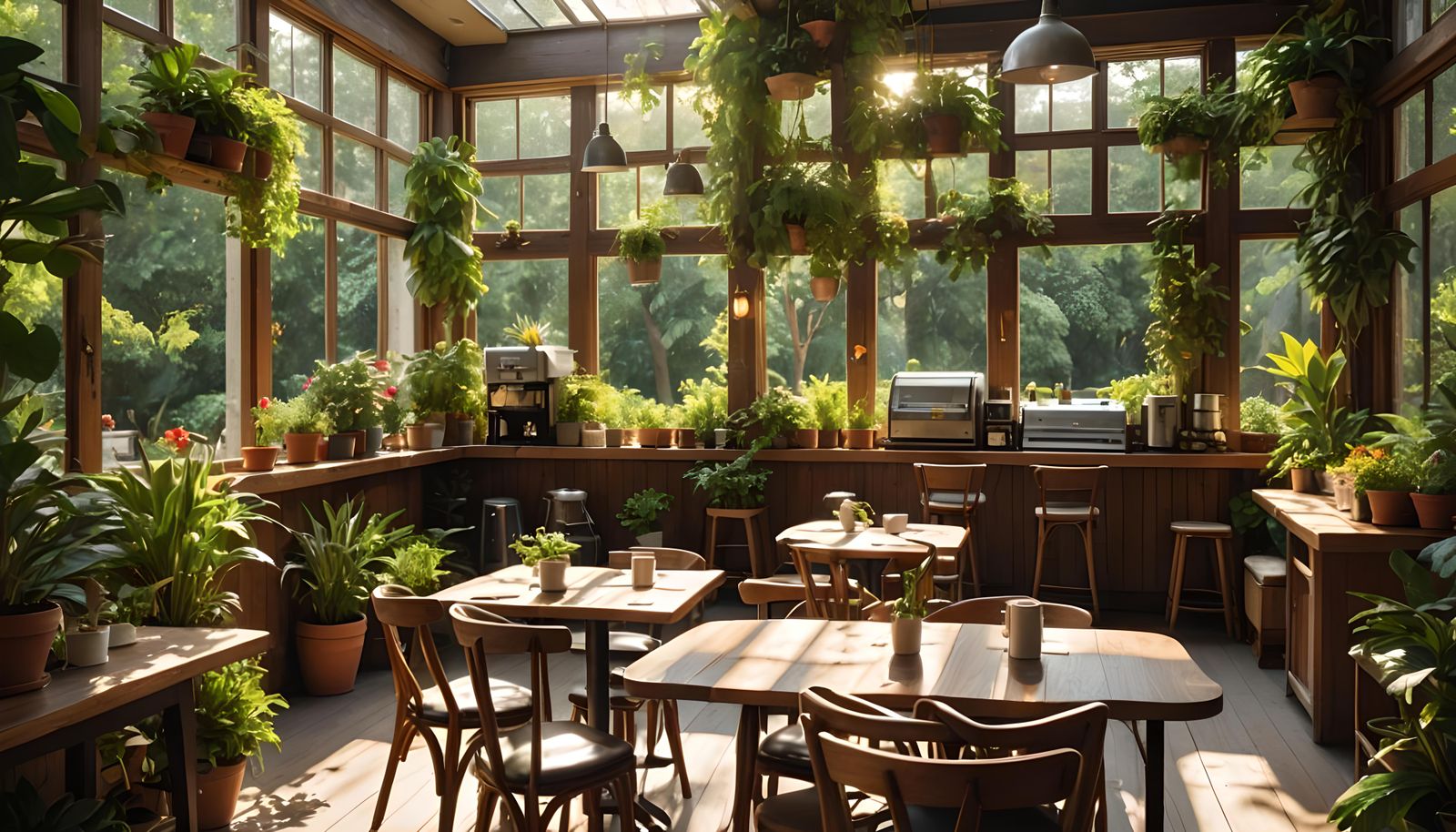 Sunlit Café Overlooking Lush Garden Oasis
