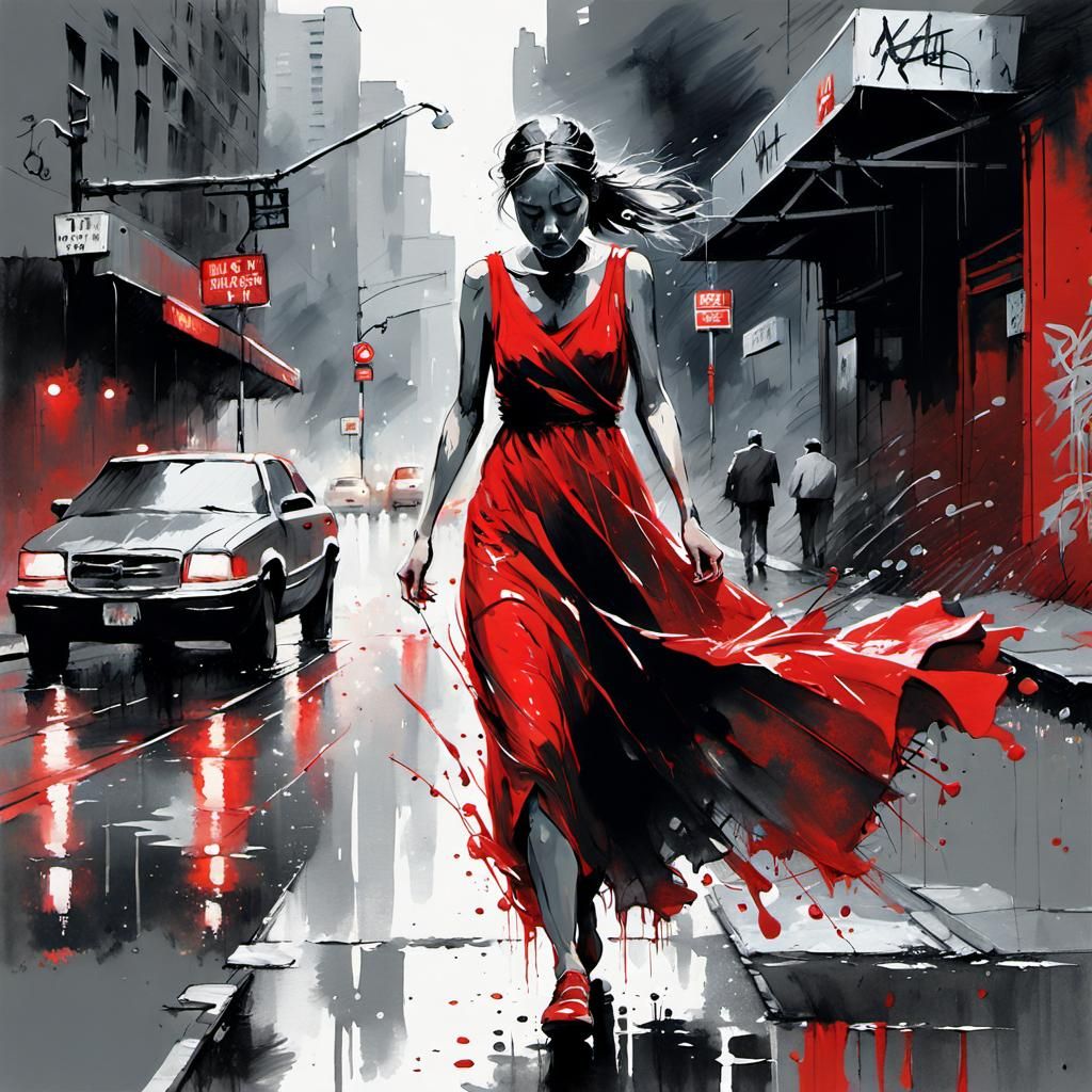 Girl in Red Dress: Graffiti Art Style