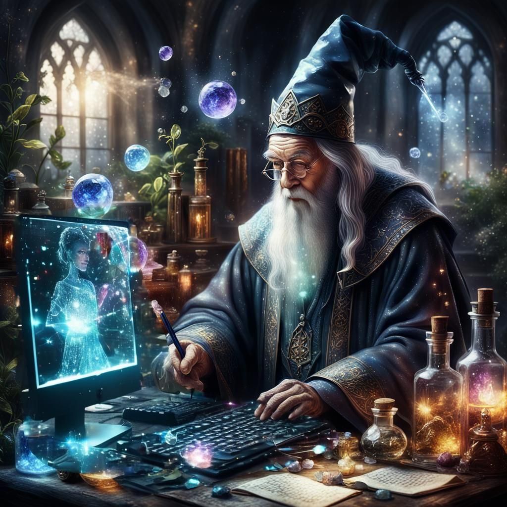 Futuristic Computer with Holograms and Magic Particles