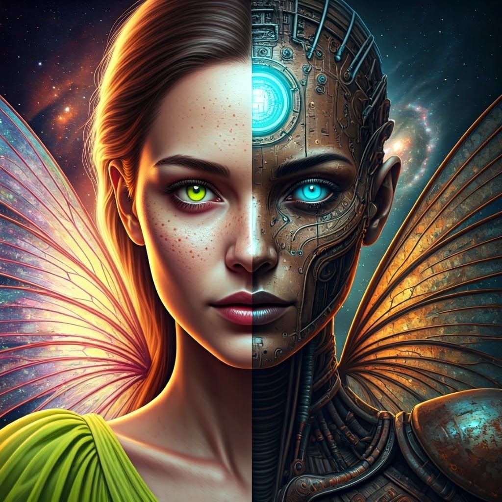 Fairy and Android Split Portrait with Galaxy Background