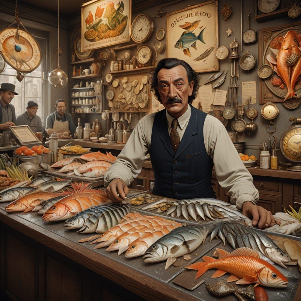 Surreal Fishmonger Portrait in Art Nouveau Style