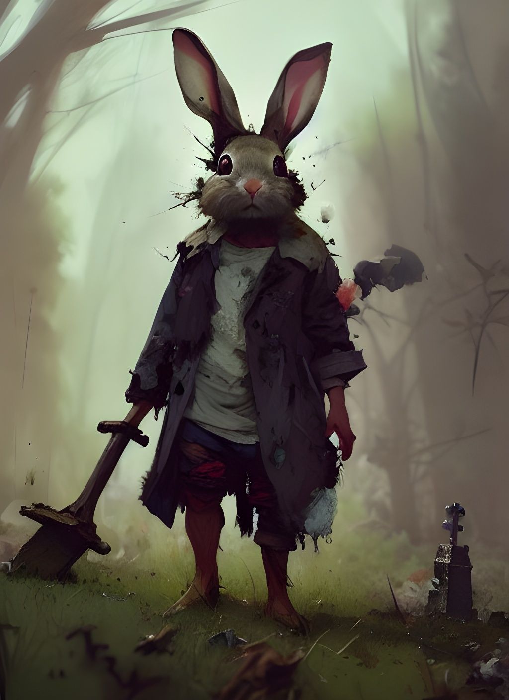 Photorealistic Rabbit Gravedigger in Cemetery