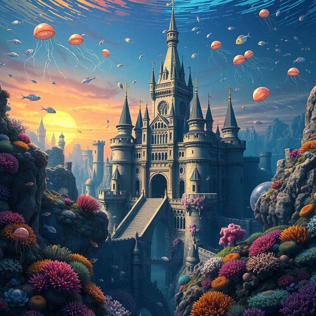 Medieval Castle Aquarium Scene in Vibrant Anime Style