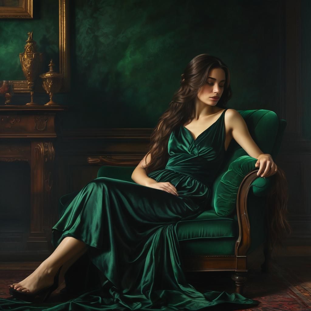 Victorian era, a woman in dark dress with long hair sits facing the wall, her head down, she sits on an emerald chaise, ...