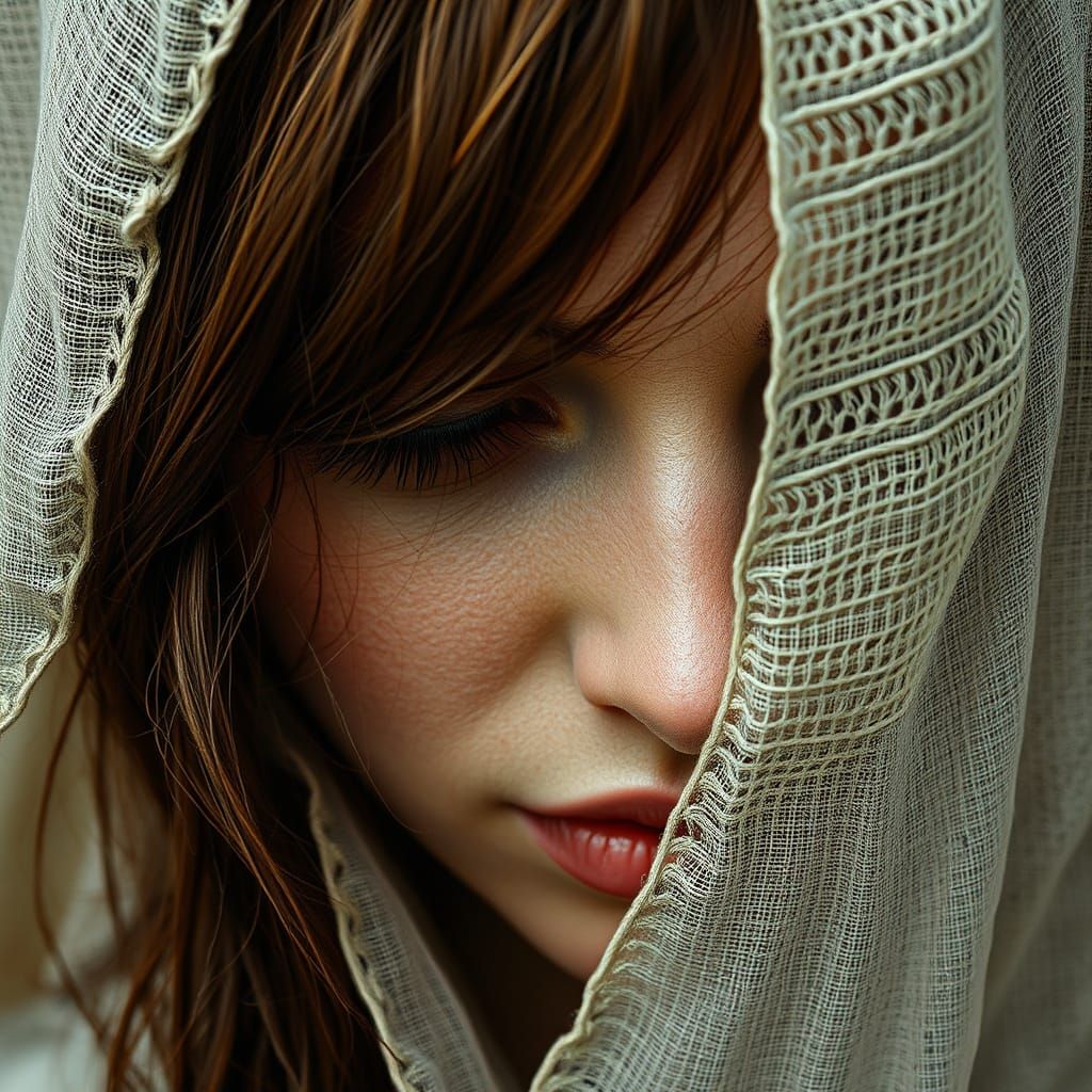 Intricately Embroidered Portrait of a Woman in Melancholy