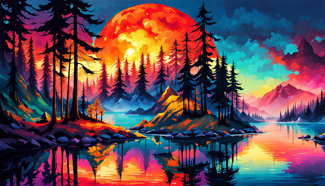 Serene Lake Camp: Vibrant Digital Illustration
