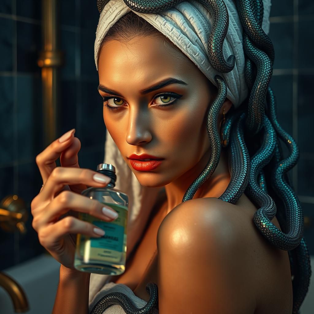 Serpentine Beauty in Lavish Bathroom, Digital Art