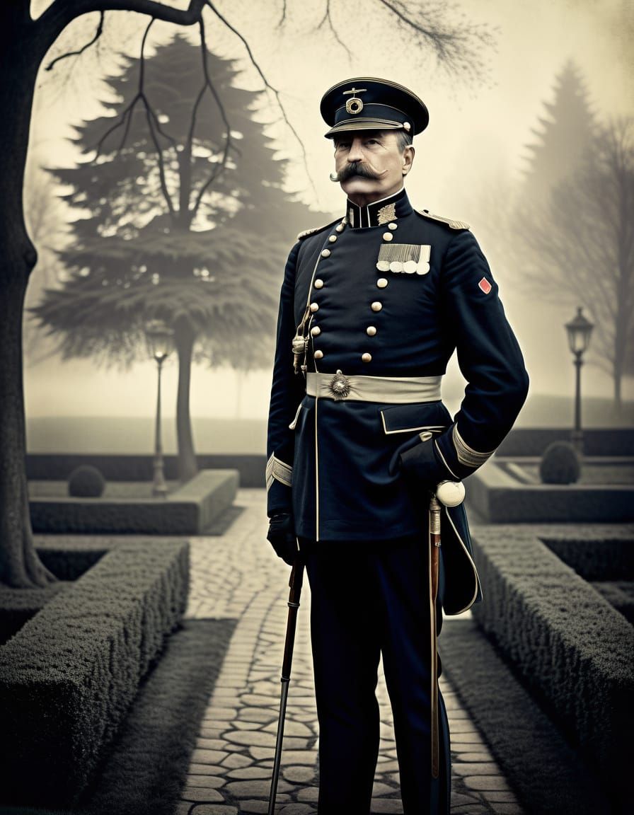 Prussian General in Foggy Garden: Vintage Monochrome Photogr...