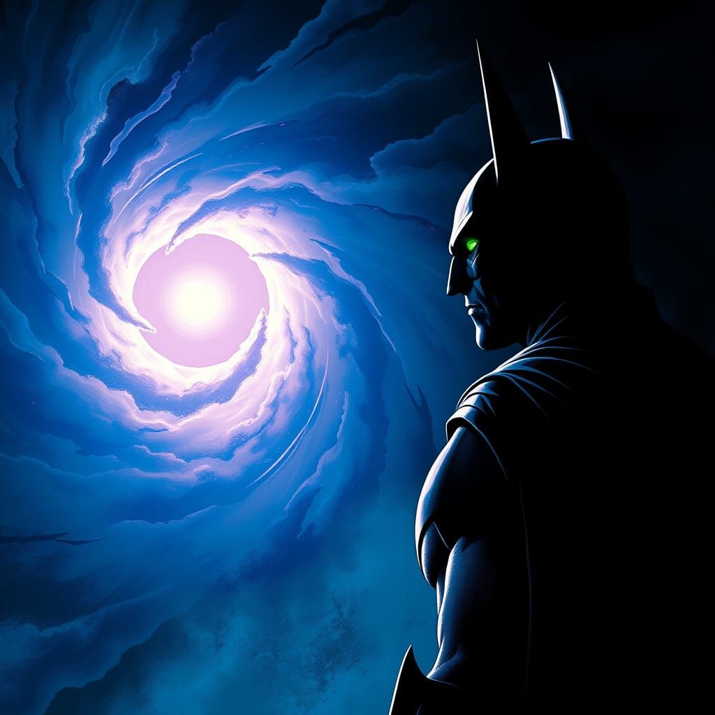 Batman Contemplates Phantom Zone Rift in Gothic Noir Style
