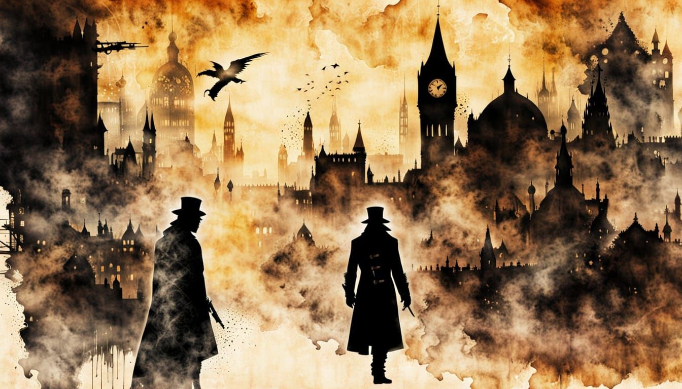 Cloaked Assassin in Steampunk City Watercolor Painting