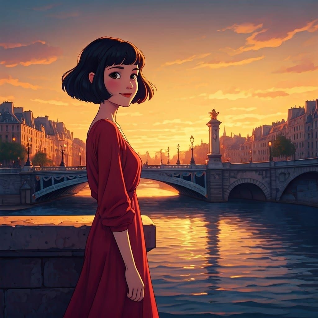 Amélie at Sunset on Seine Bridge
