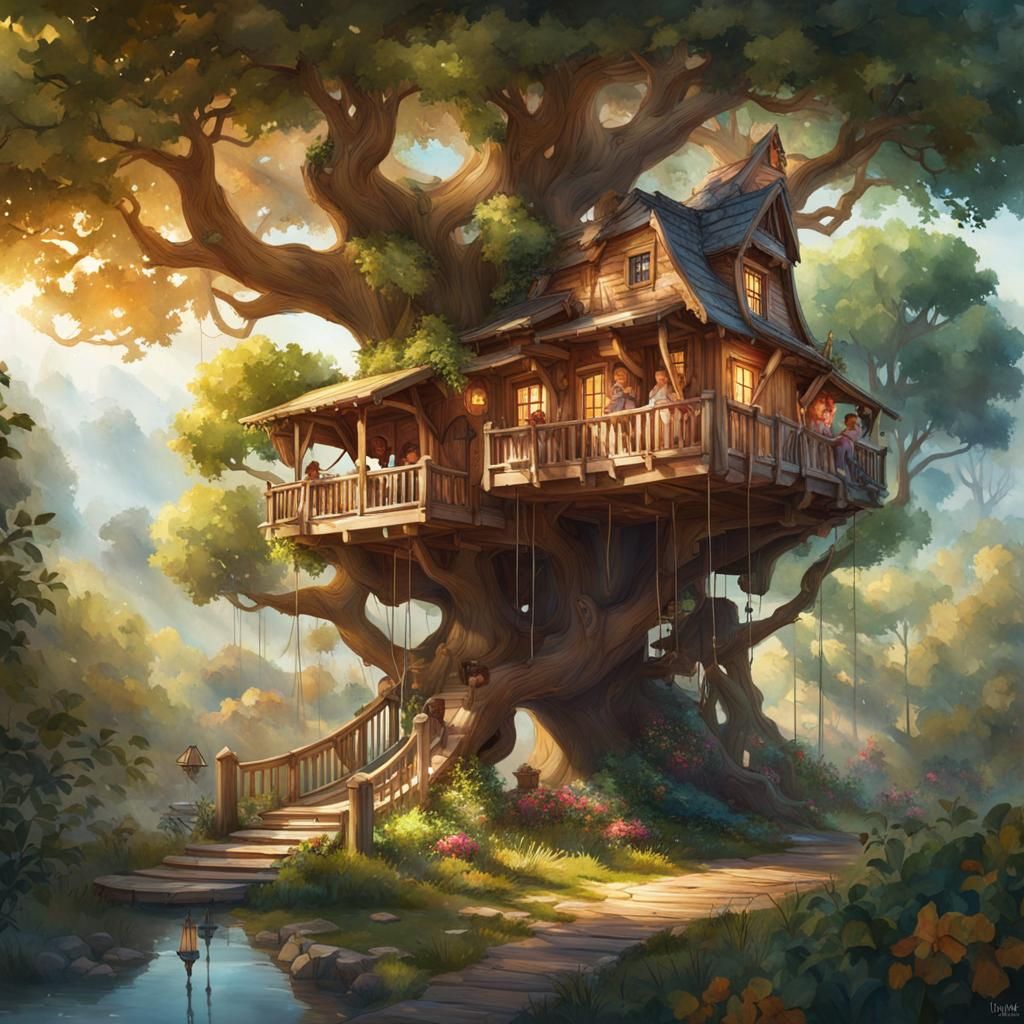 Magical Treehouse Watercolor Art