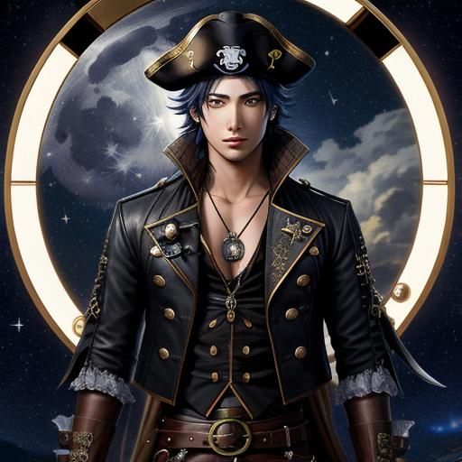 Steampunk Anime Pirate Under Starry Moonlit Sky