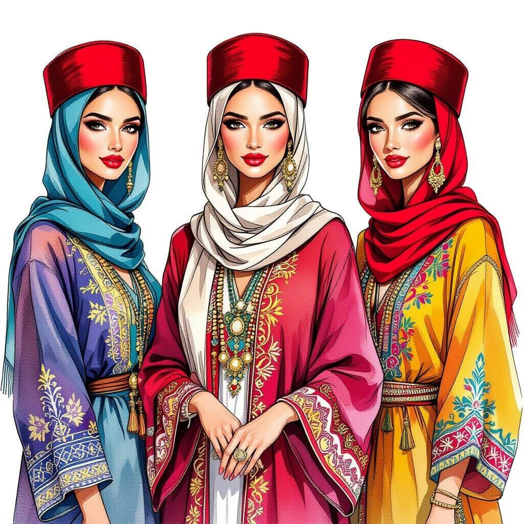 Moroccan Models in Fez Hats: Couture Illustration