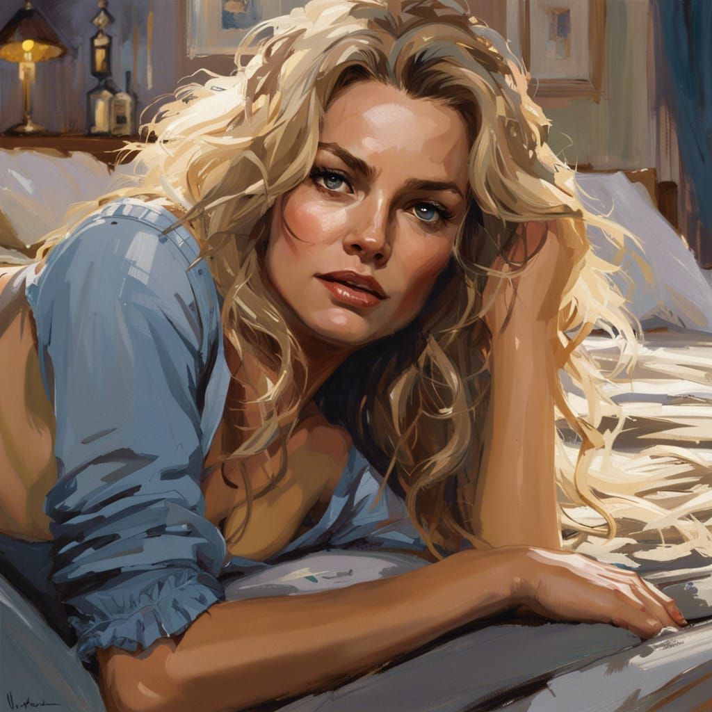 Margot Robbie Portrait in Bedroom, Hyperrealistic Digital Ar...
