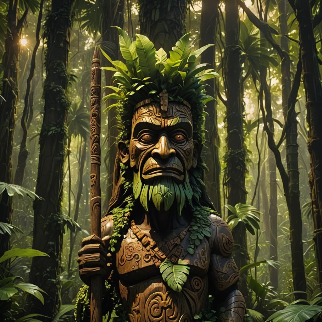 Mystical Tiki Leader in Lush Forest, Oil Painting