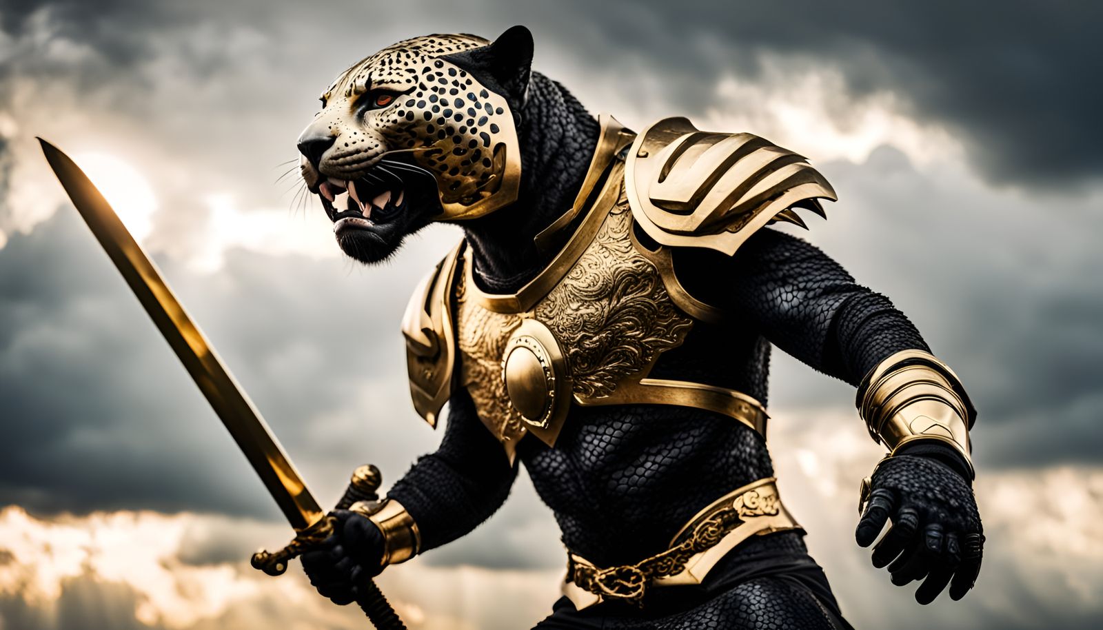 Armored Black Jaguar Warrior with Sword of Light