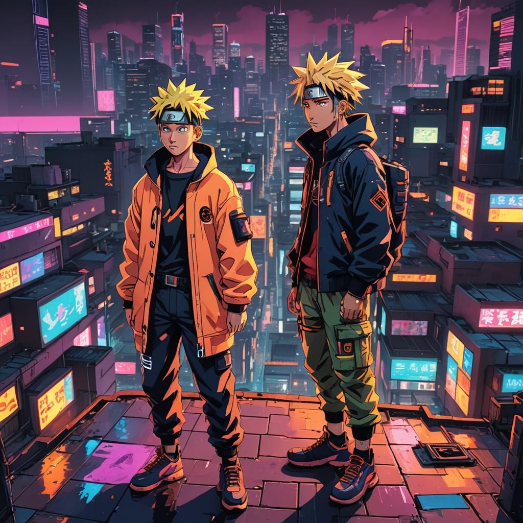 Naruto and 2Pac: Cyberpunk Anime Rooftop Rendezvous