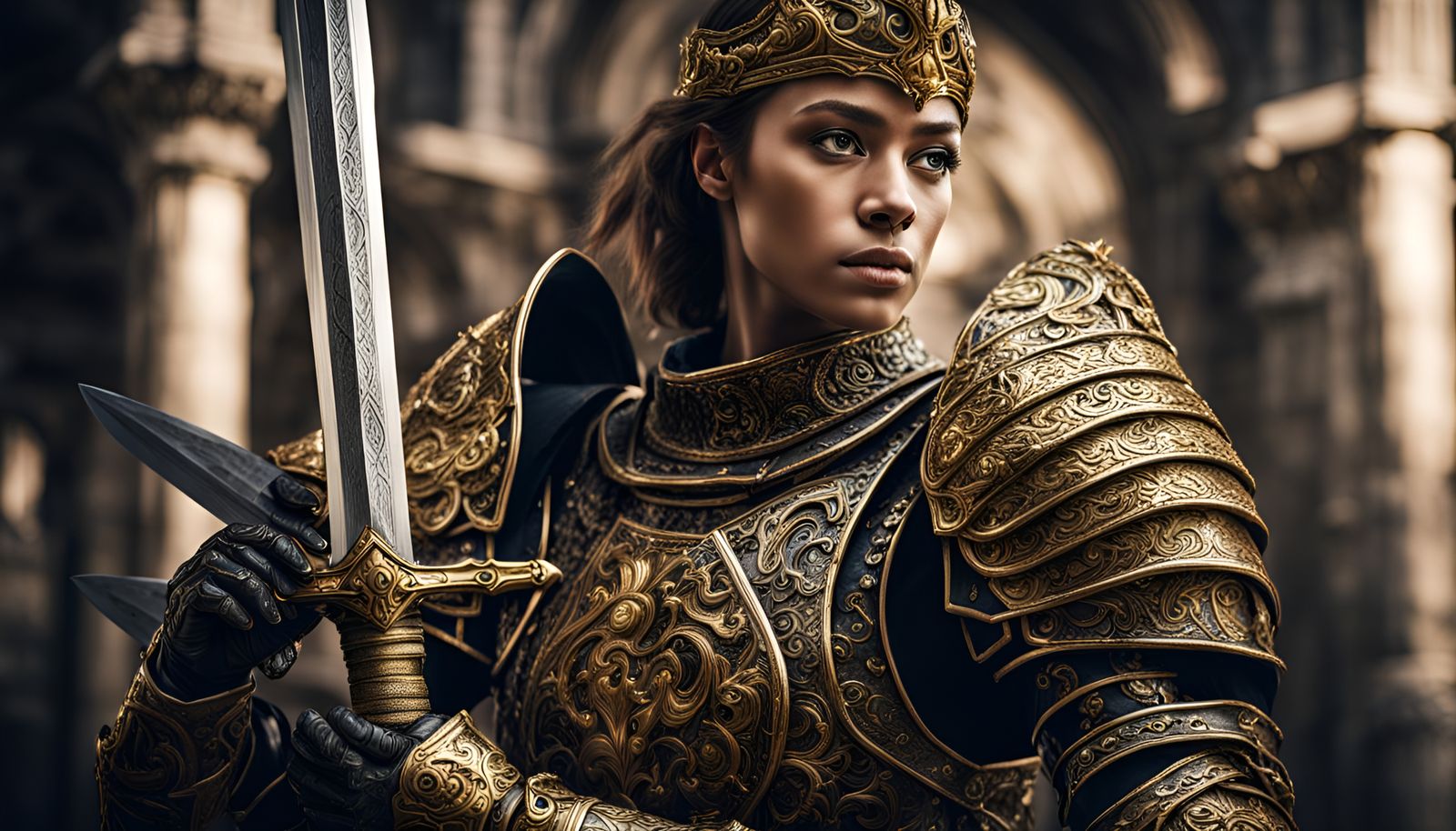 Female Knight in Gold and Black Armor