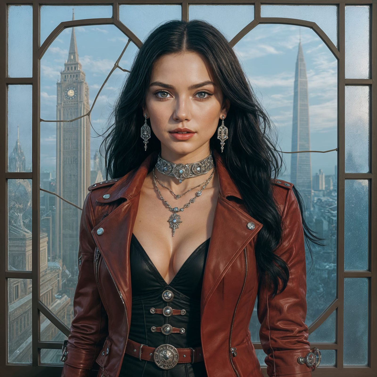 Steampunk Beauty with Emerald Eyes in Cityscape