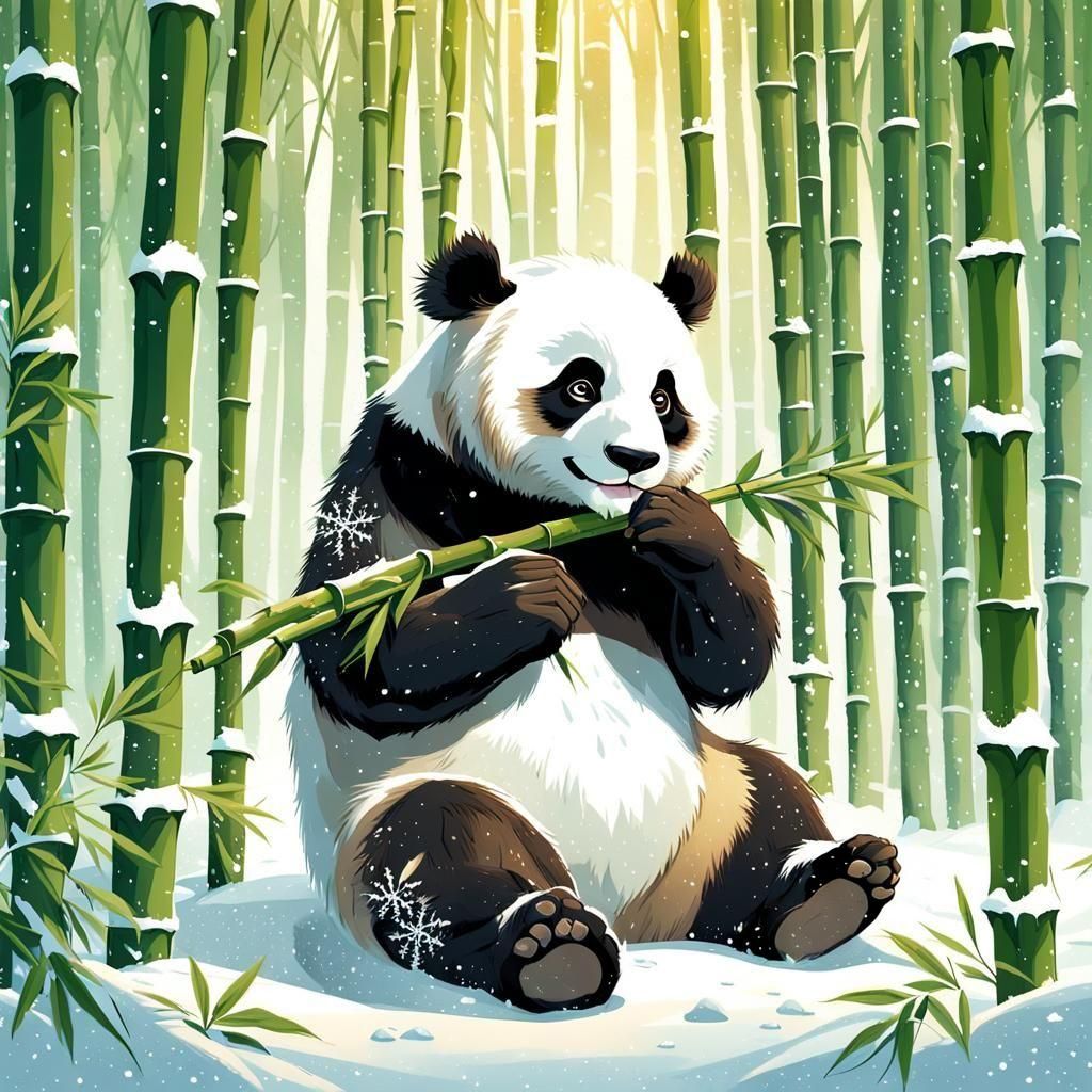 Serenely lit Panda in Snowy Bamboo Forest