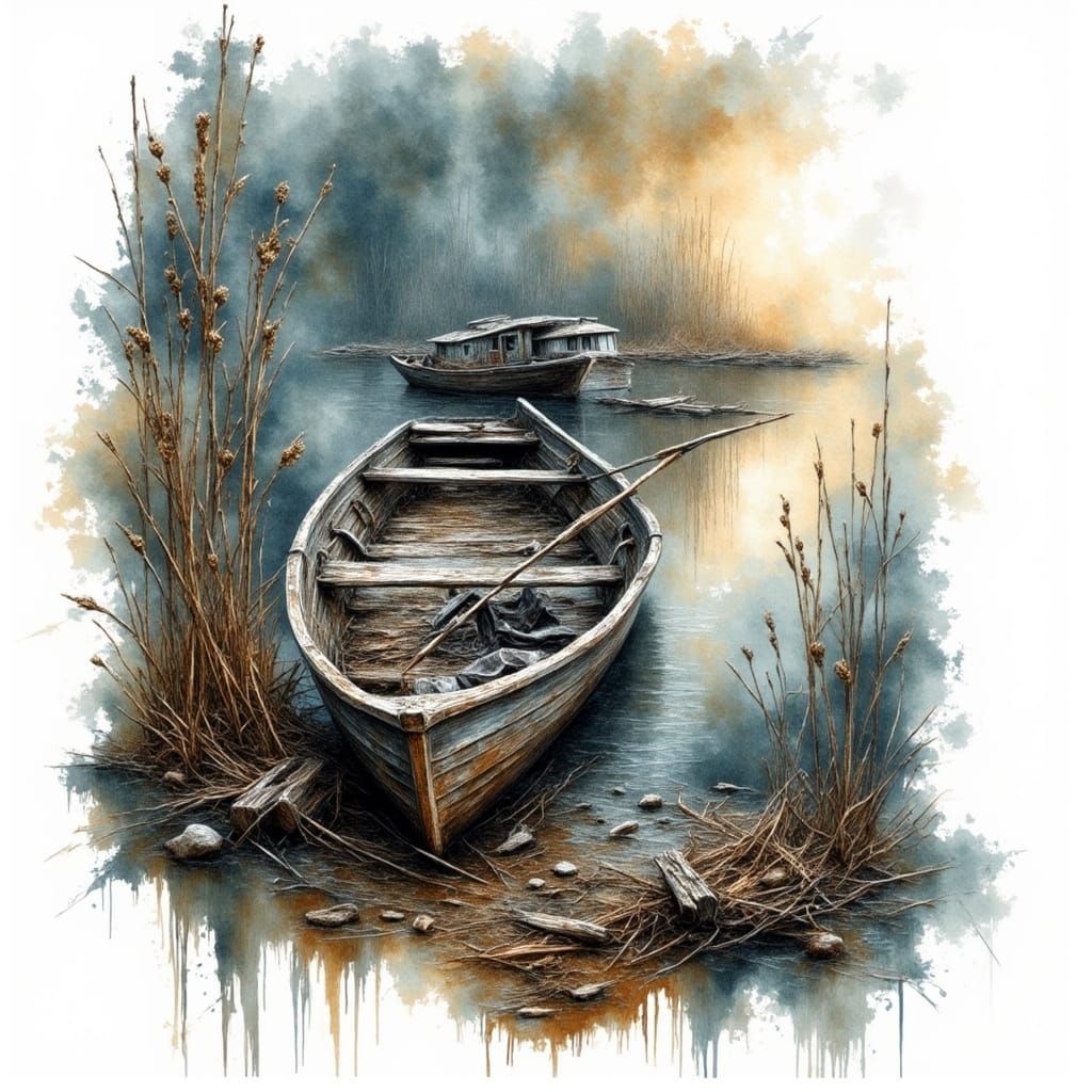 Weathered Wooden Rowboat Amidst Serene Lake Landscape