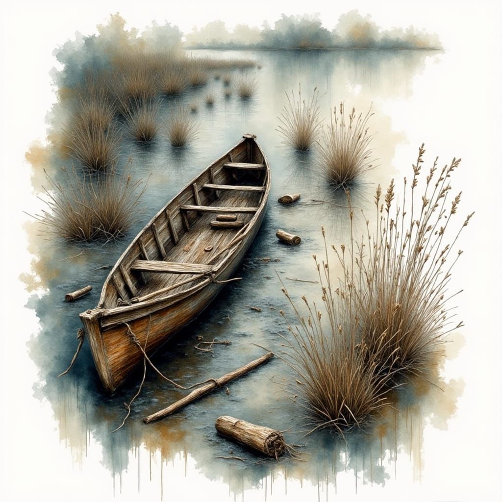Weathered Wooden Rowboat in Soft Watercolour Hues