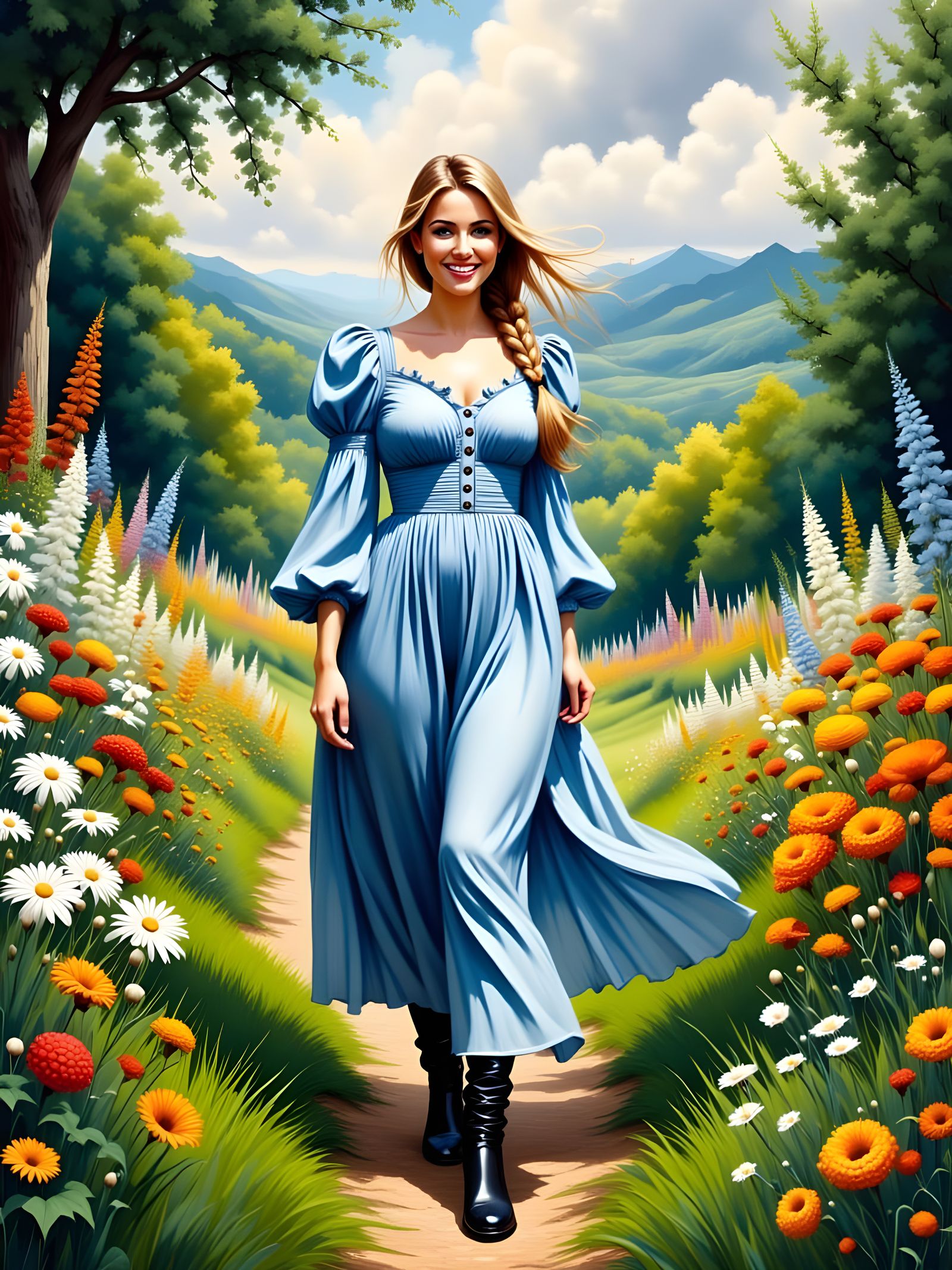 Woman in Floral Dress in English Garden