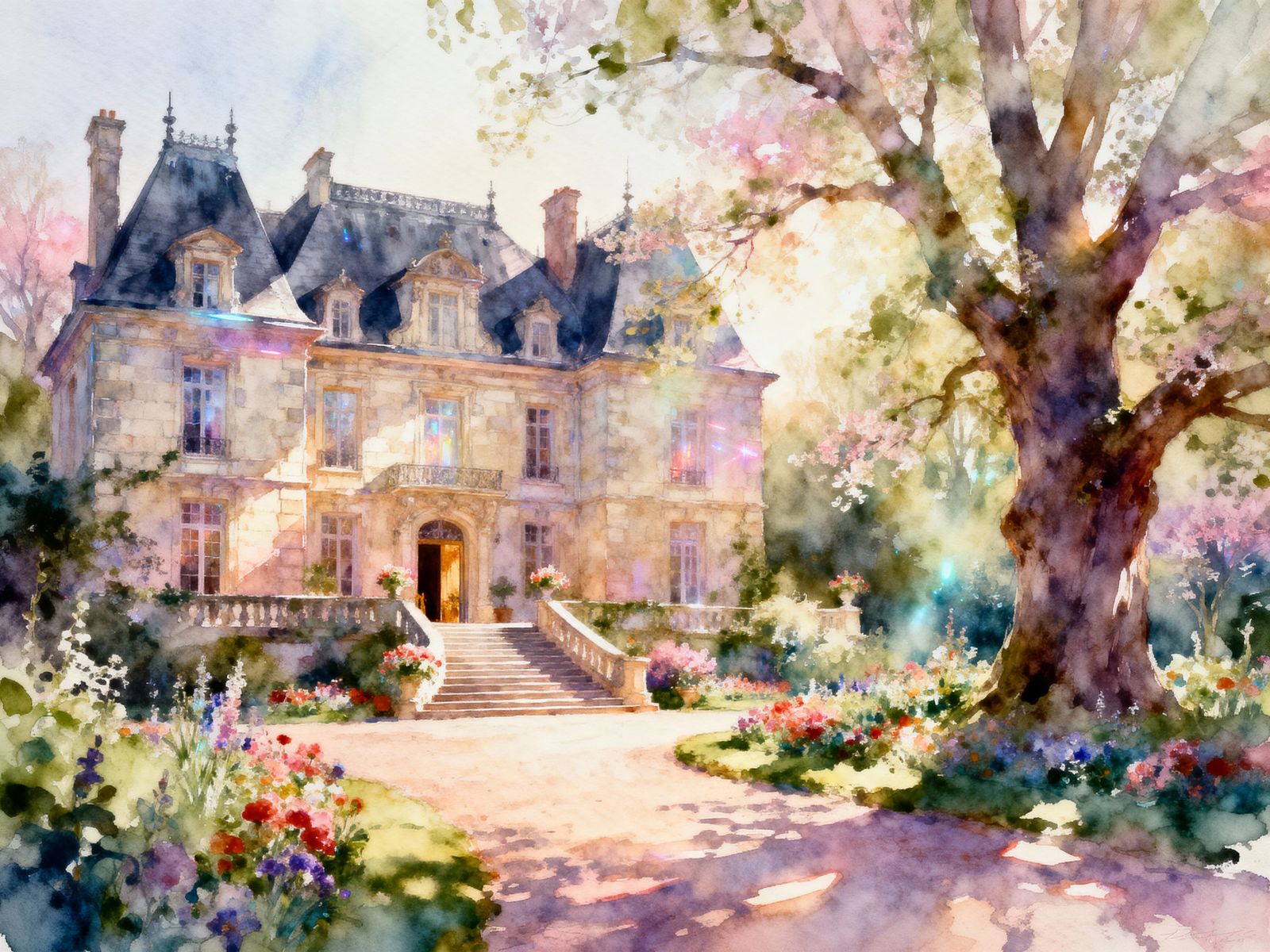 Dreamy Mansion Garden Path in Watercolor and Ink