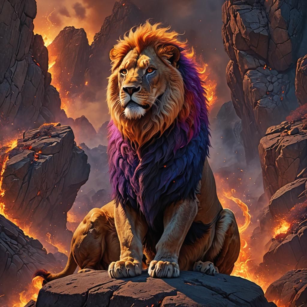 Majestic Fire Lion Amidst Blazing Inferno
