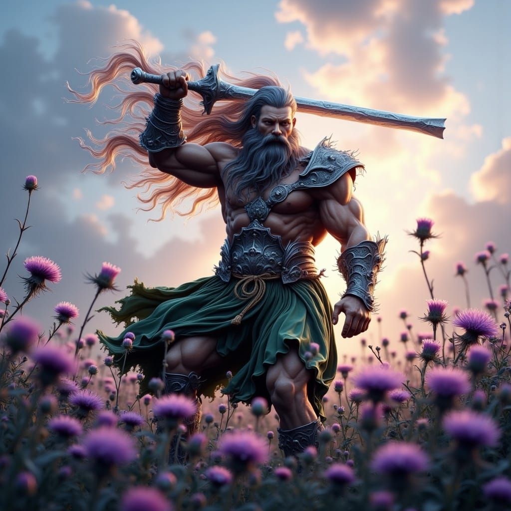 Scottish Highland Warrior Amidst Thistles in Flickering Flam...