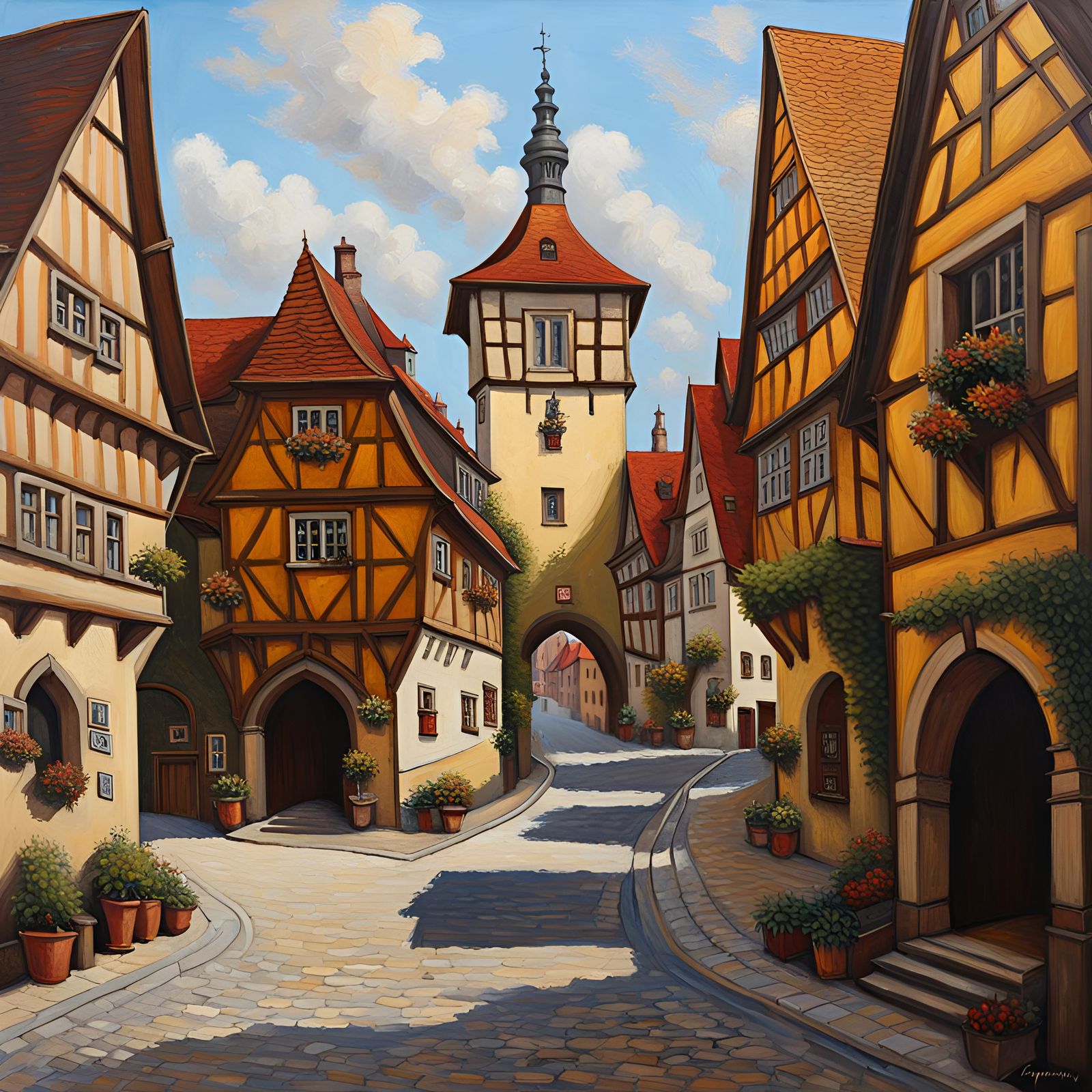Medieval City in Summer: Realistic Oil Painting