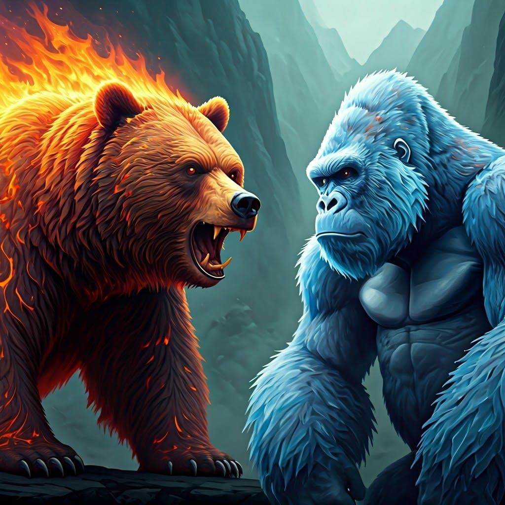 Fiery Bear and Ice Gorilla in Dream Landscape