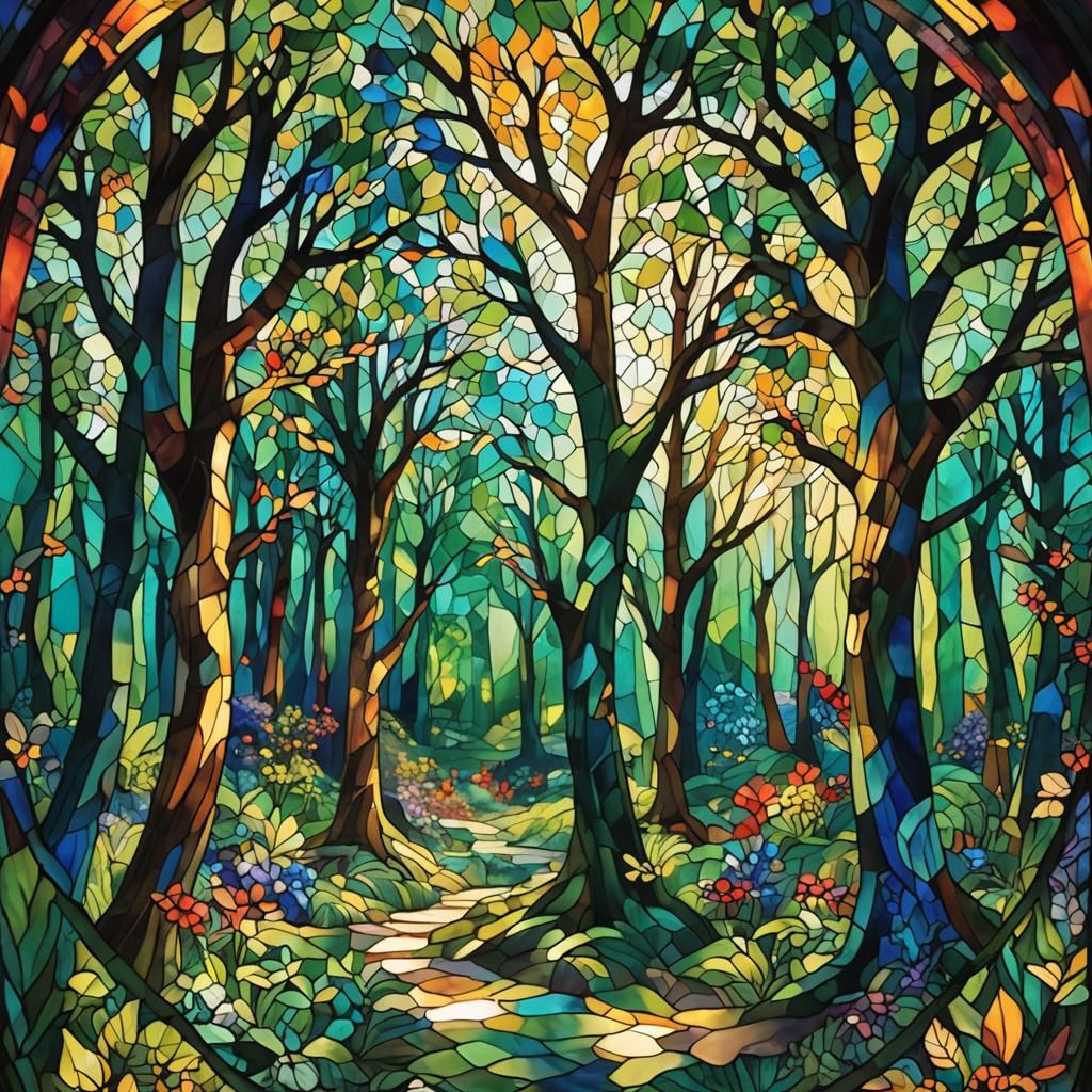 Luminous Stained Glass Pixies in Forest Art
