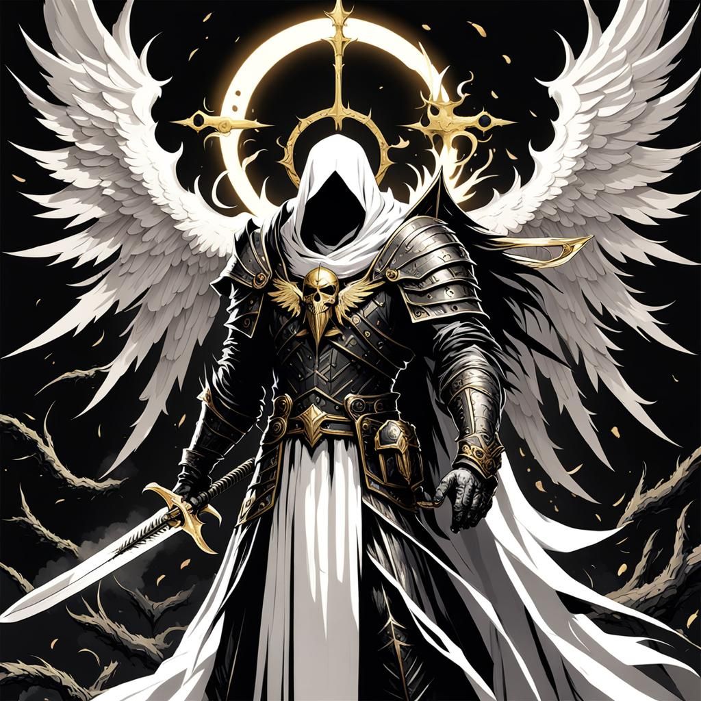 Dark Fallen Angel with Golden Halo and Sword