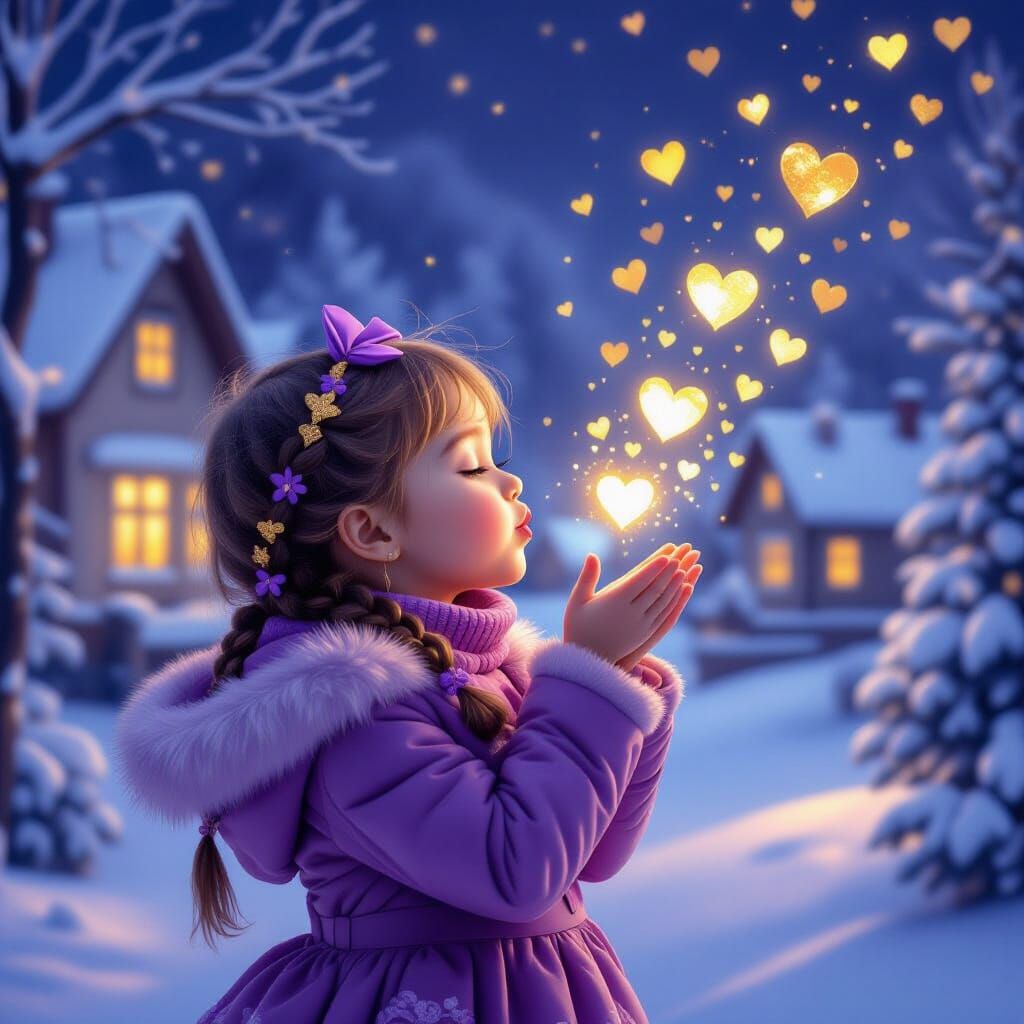 Adorable Girl Blowing Kiss into Glowing Gold Hearts in Winte...