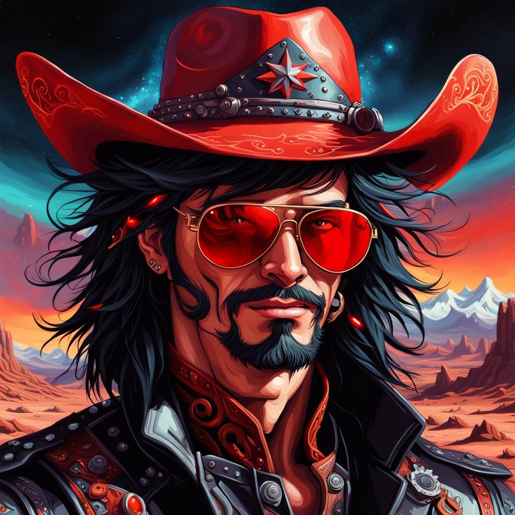 Cyberpunk Cowboy with Cosmic Hair and Falling Stars