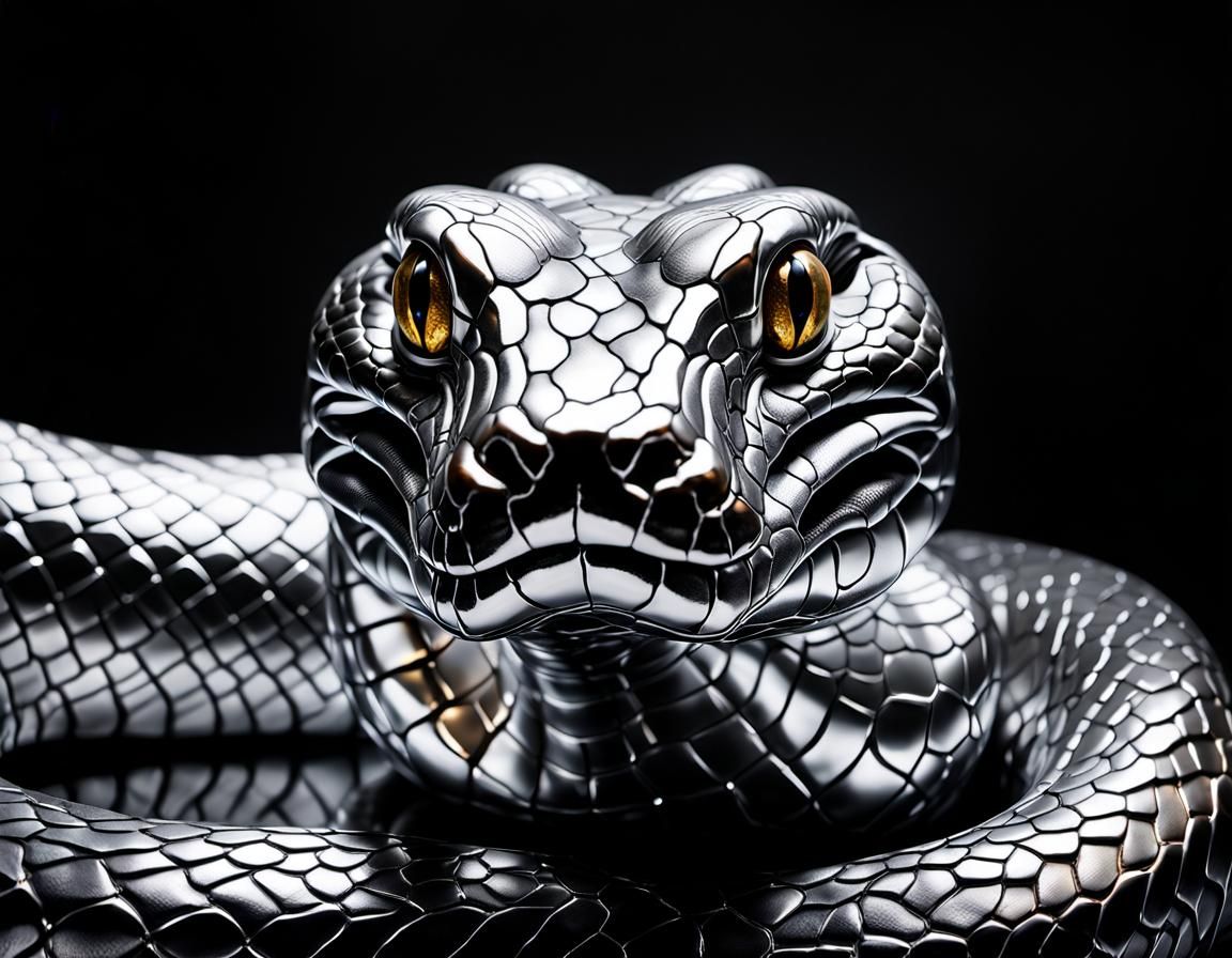 Chrome Anaconda Head Sculpture in Macro Photography