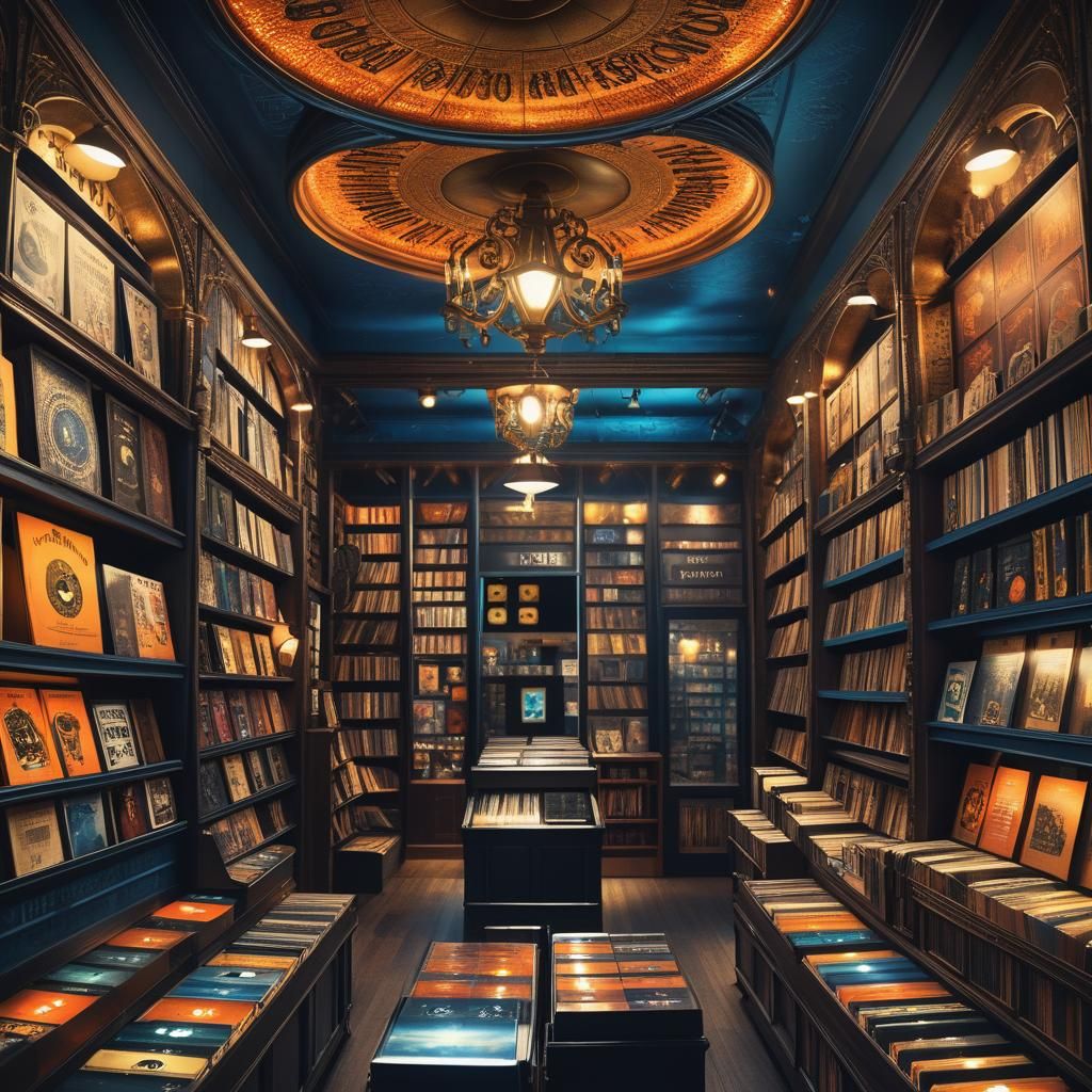 Detailed Record Store Interior in Fantasy Art Style