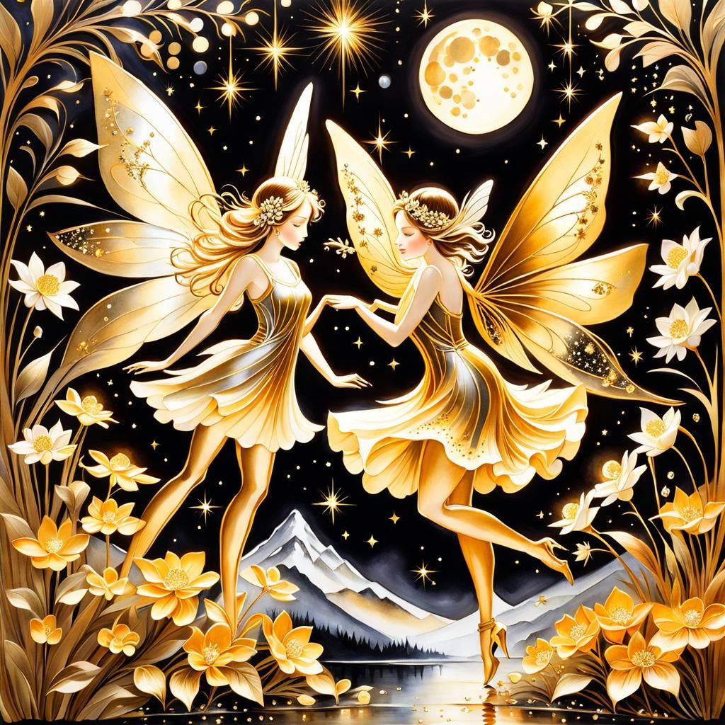 Magical Flower Fairies in Moonlit Landscape Watercolor