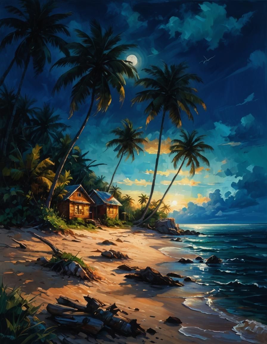 Tropical Island House in Vibrant Oil Painting Style