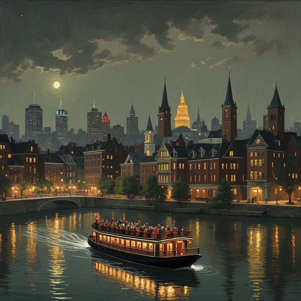 Festive Riverboat at Night in 3D Color