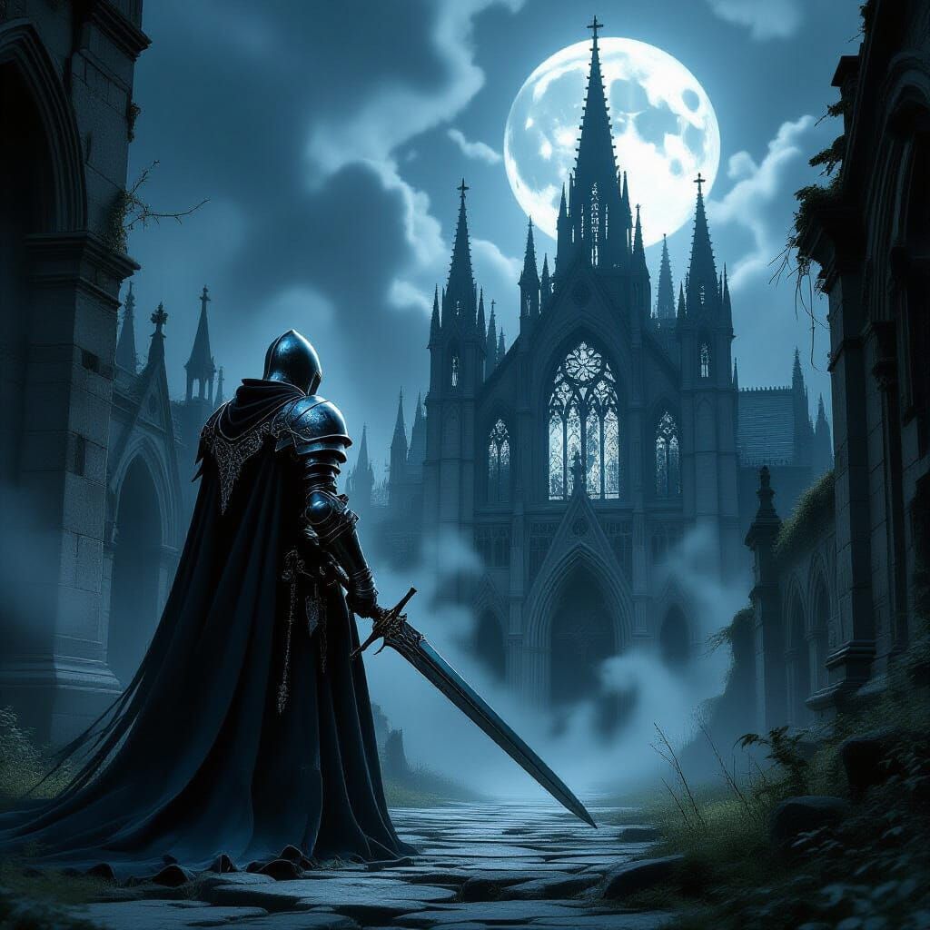 Spectral Knight Guards Gothic Cathedral in Dark Fantasy