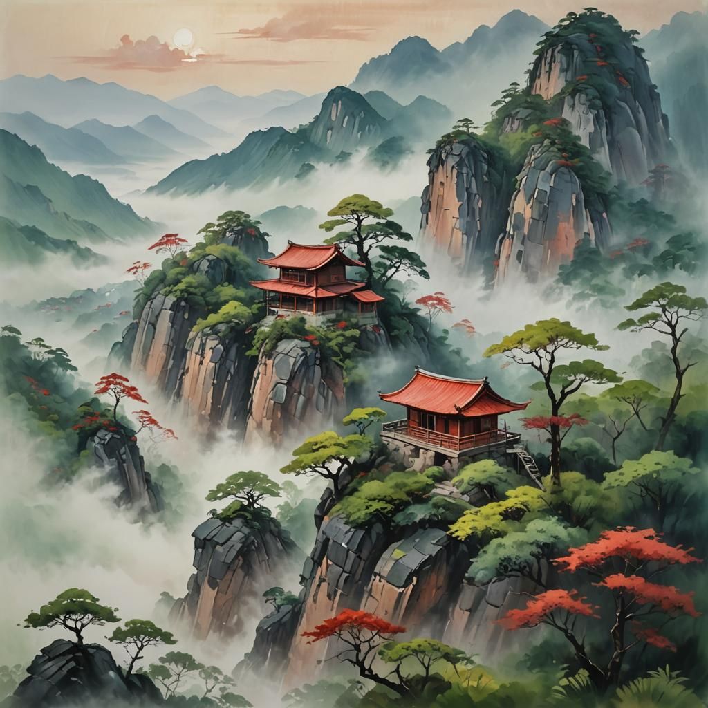 Between the steep rock walls, it is surrounded by clouds and...