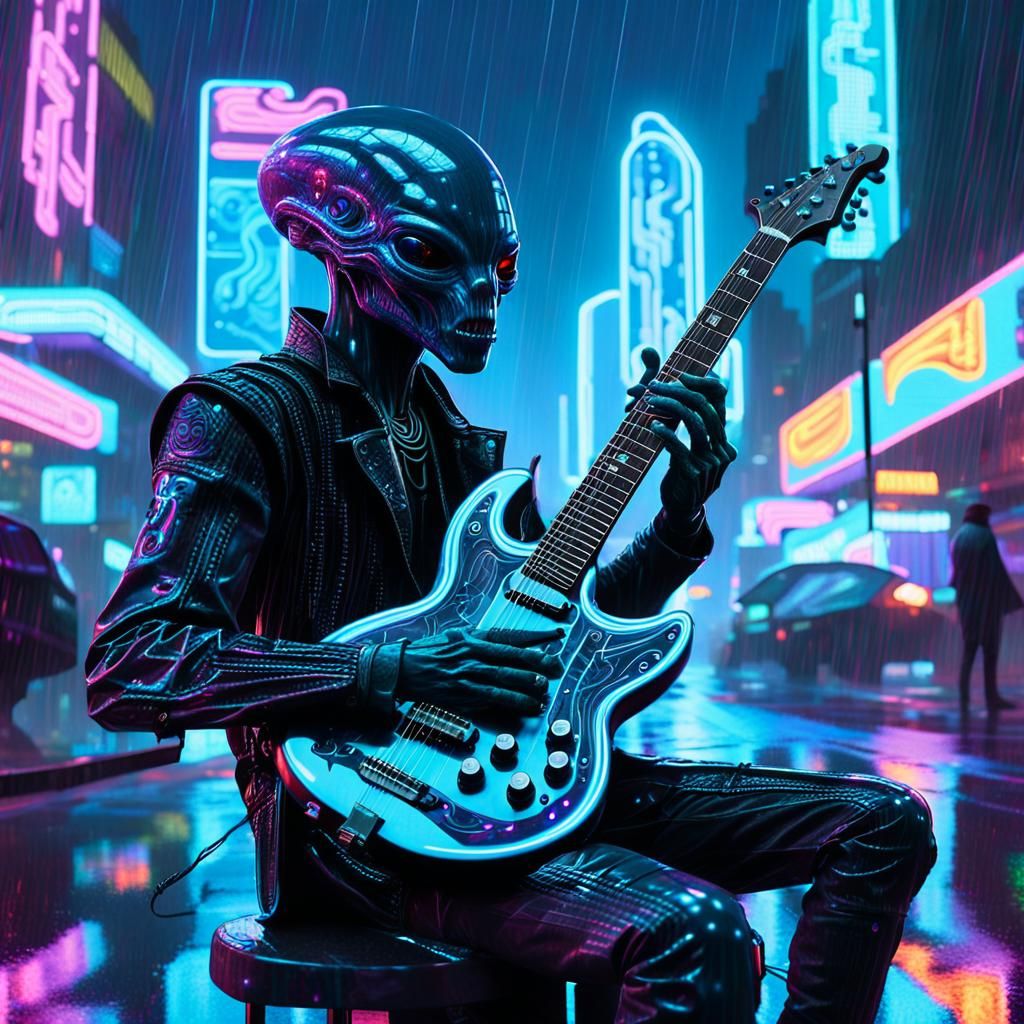 Alien Musician in Neon Cyberpunk Cityscape