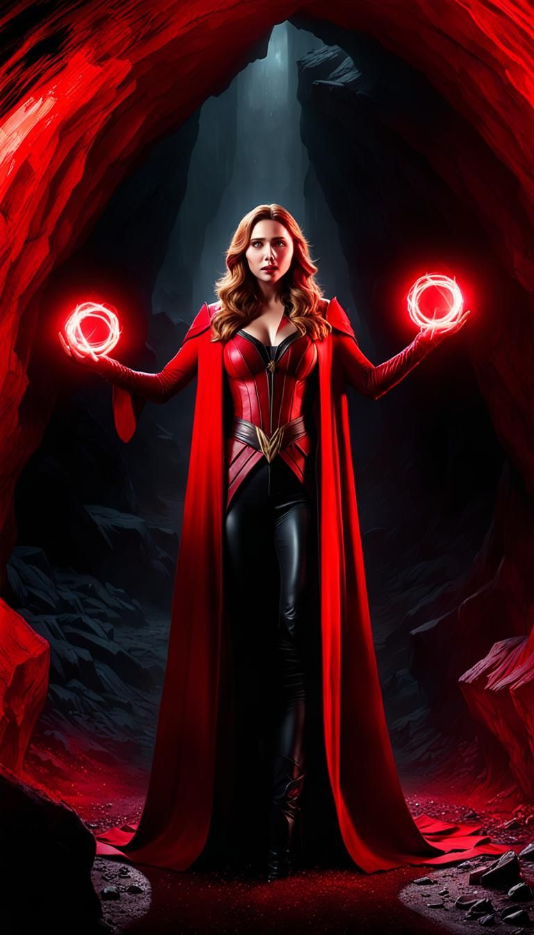 Scarlet Witch Illuminates Dark Cave with Magic